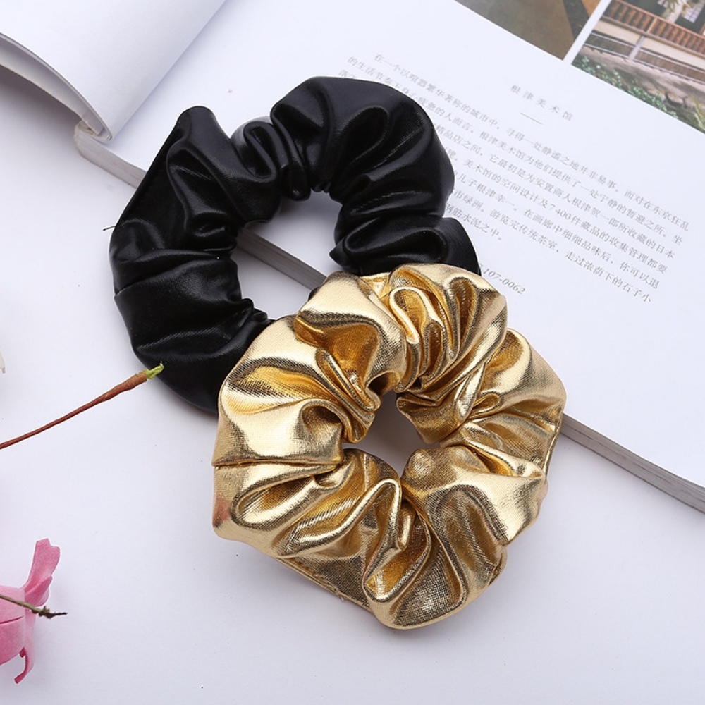 Trend Alert! Vegan Leather Gold Scrunchie Hair Tie - Picture 3 of 4